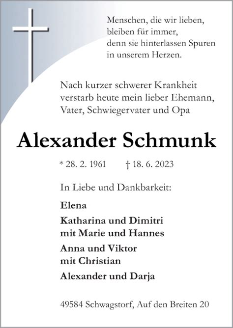 Traueranzeigen Von Alexander Schmunk Noz Trauerportal