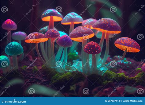 Mystic Spotted Fluorescent Mushrooms Growing Generative Ai Stock Image