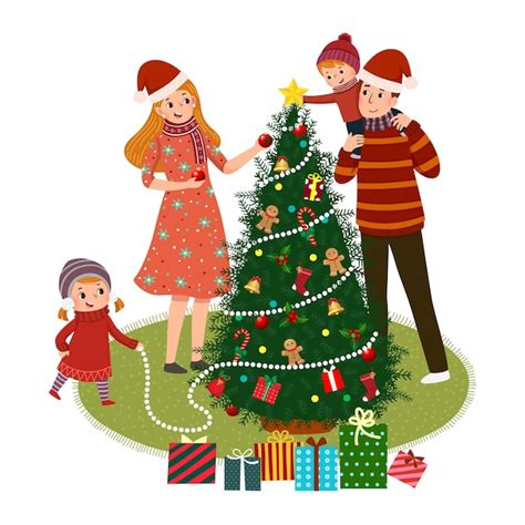 Familia feliz decorando un árbol de navidad | Vector Premium