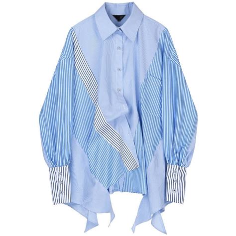 Eam Women Striped Spliced Big Size Asymmetrical Blouse New Lapel Long