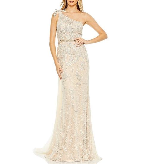 Mac Duggal Detailed One Shoulder Beaded Waist Lace Gown Dillards