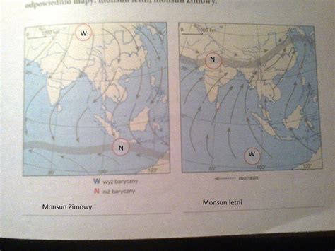 Na mapach przedstawiono monsunową cyrkulację powierza w południowej i