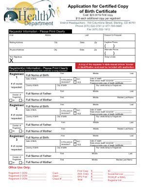 Co Application For Certified Copy Of Birth Certificate Fill