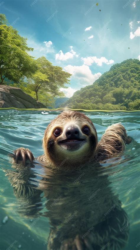 Premium AI Image | A sloth swimming in the water with a mountain in the ...