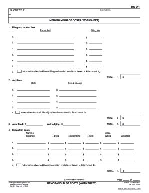 Fillable Online MEMORANDUM OF COSTS WORKSHEET Fax Email Print PdfFiller