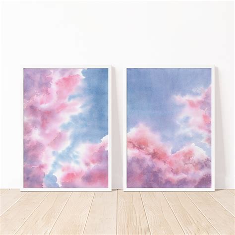 Pink Clouds Print Watercolor Painting. Blue Pastel Sky - Etsy