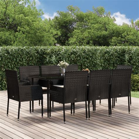 The Living Store Mobilier à dîner de jardin 9pcs et coussins noir