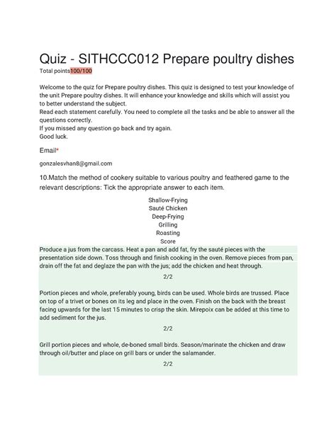 Quiz Sithccc 012 Prepare Poultry Dishes Quiz SITHCCC012 Prepare