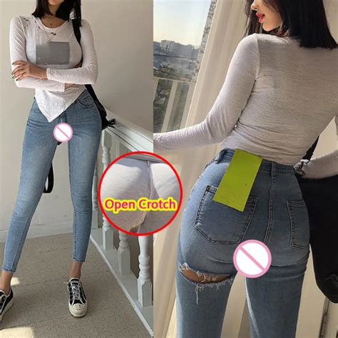 Woman Open Crotch Jeans Ass Holes Sexy Hot Pants Outdoor Crotchless