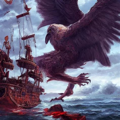 KREA Giant Bird Monster Destroying A Pirate Ship Dramatic Oil