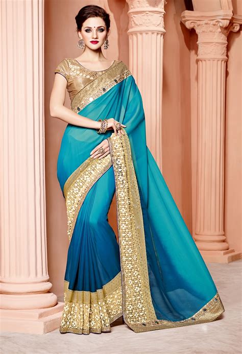 Buy Shaded Blue And Gold Silk Wedding Wear Saree In UK USA And Canada