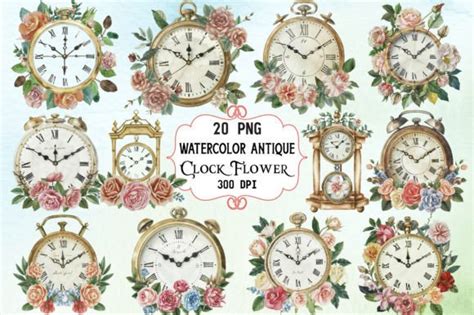 1 Watercolor Antique Clocks Clipart Vintage Timepieces Png Instant