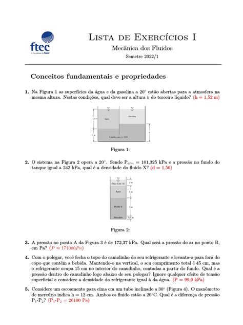 Lista De Exercícios De Mecânica Dos Fluidos Com Problemas De Pressão