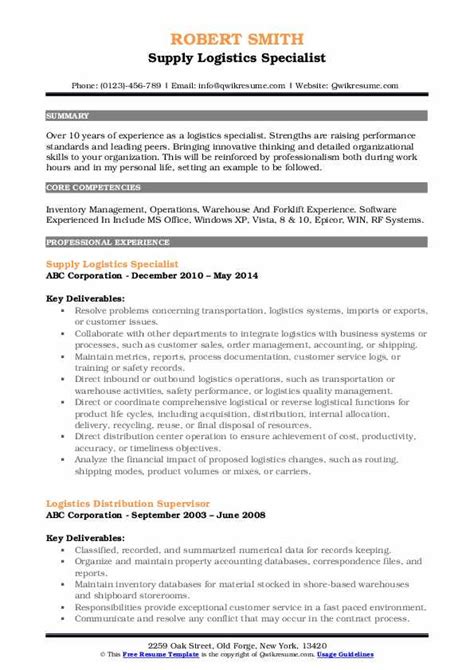 Logistics Specialist Resume Samples Qwikresume