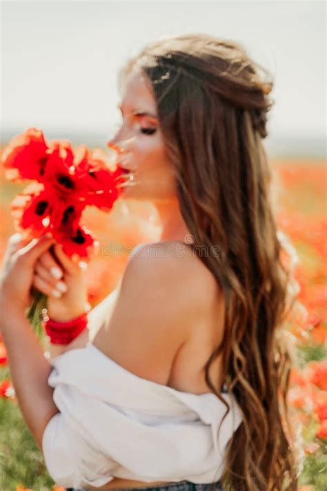 Woman Poppies Field Side View Of A Happy Woman With Long Hair In A