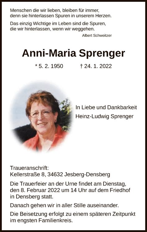 Traueranzeigen Von Anni Maria Sprenger Trauer HNA De