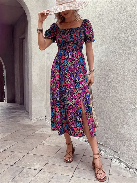 Shein Vcay Allover Floral Print Square Neck Puff Sleeve Split Thigh Dress Shein Usa