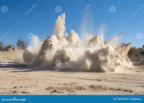 Sand Explosion In Quarry With Sand And Debris Flying Through The Air