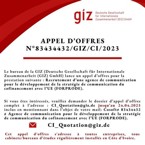 Le Bureau de la GIZ Côte d Ivoire lance un appel doffres pour le