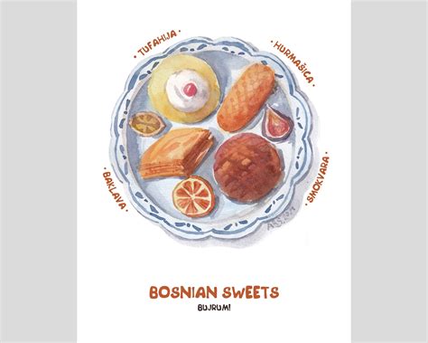 Balkan Desserts Kitchen Poster Of Original Painting Bosnian Sweets