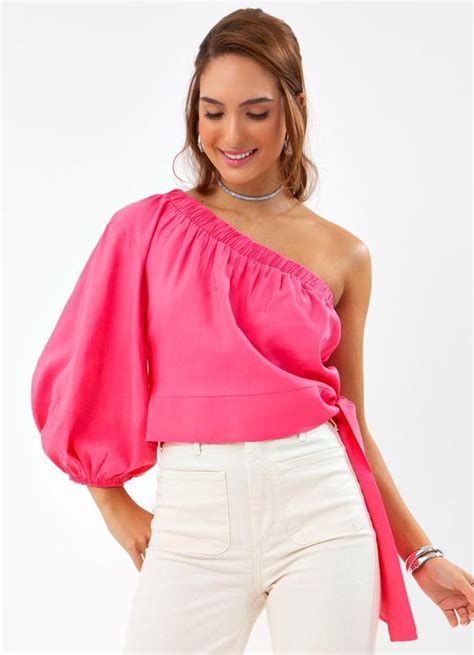 Cropped Um Ombro S Em Viscolinho Rosa Colcci