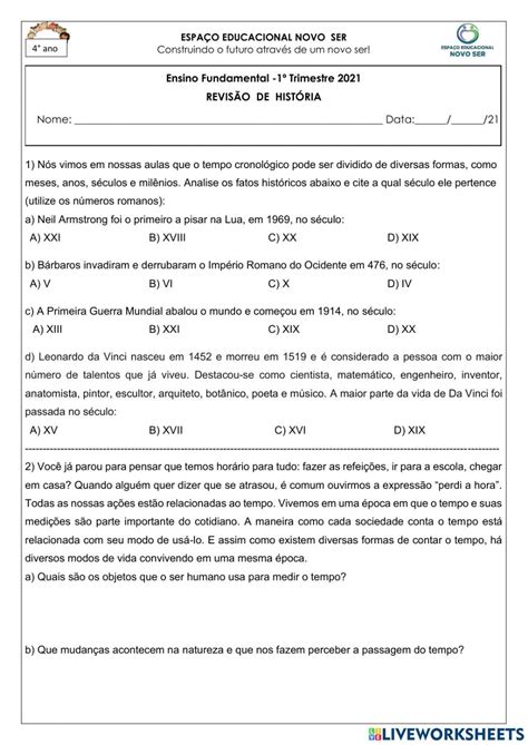 Tempo Histórico E Tempo Cronológico Interactive Worksheet Teachers