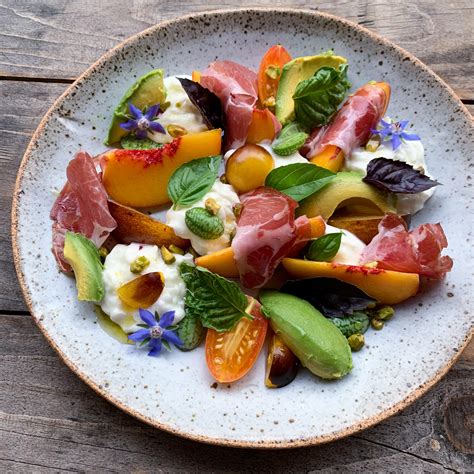 Tomato Peach And Burrata Salad With Prosciutto And Avocado R Recipes