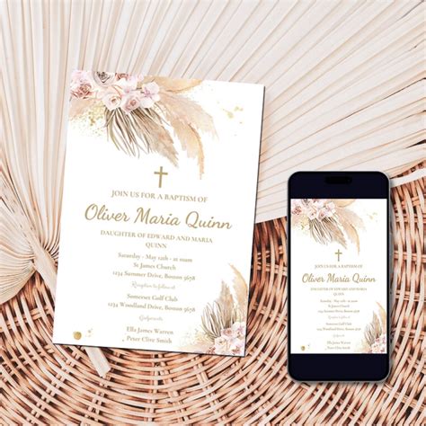 Editable Pampas Grass Baptism Invitation Bohemian Baptism Invitation Boho Baptism Christening