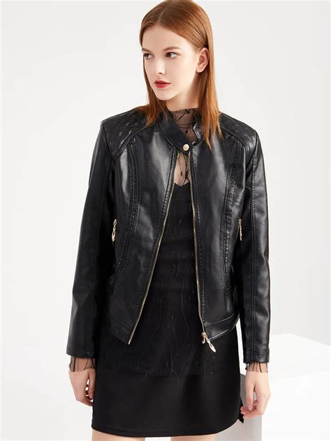 Ailegogo Streetwear Female Slim Black Faux Leather Short Jacket Spring