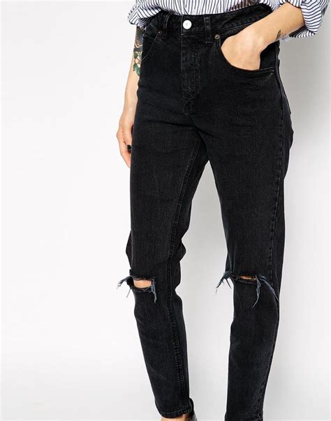 Asos Farleigh High Waist Slim Mom Jeans In Washed Black With Busted Knees At Asos Clothes