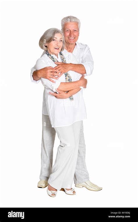 Senior Couple Hugging Isolated On White Background Full Length Stock