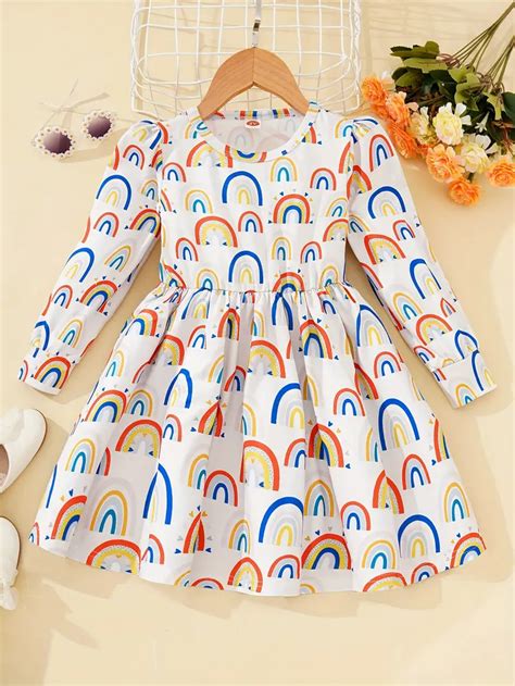 Rainbow Graphic Long Sleeve Dress Casual Girls Cute Dresses Temu