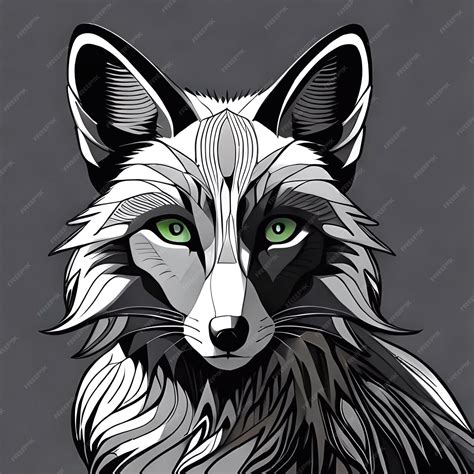 Premium Photo | A wolf with green eyes and a black background with a black and white outline.