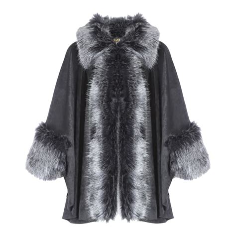 Charcoal Light Grey Contrast Luxury Faux Fur Cape Coat BrandAlley