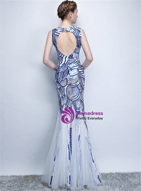 In Stock Ship In 48 Hours Blue Mermaid Sequins Backless Prom Dress