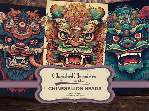 Vintage Chinese Lion Heads Atc Cards Journaling Papers Printable