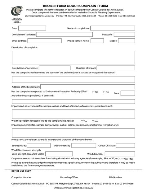 Fillable Online Centralgoldfields Vic Gov Broiler Farm Odour Complaint