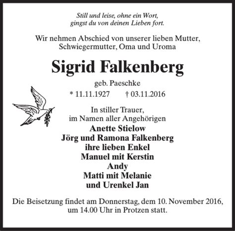 Traueranzeigen Von Sigrid Falkenberg Trauer Anzeigen De