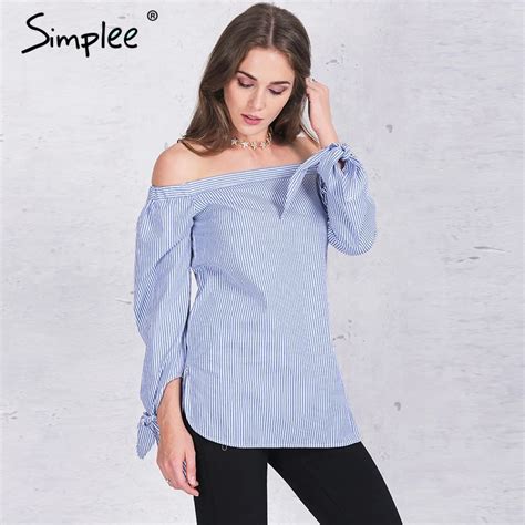 Simplee Apparel Elegant Bow Blue Off Shoulder Female Blouse Shirt Sexy