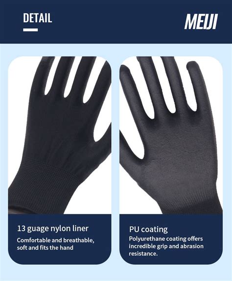 13 Gauge Black Polyester Nylon Black PU Coated Safety Gloves