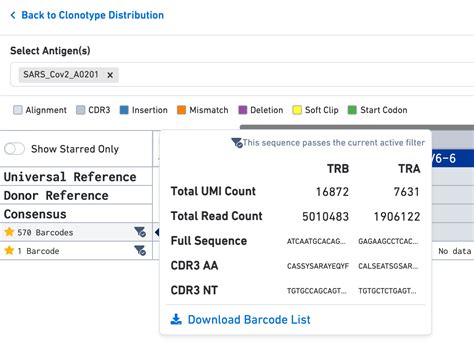 Loupe V D J Browser User Interface Clonotype Distribution And Sequence