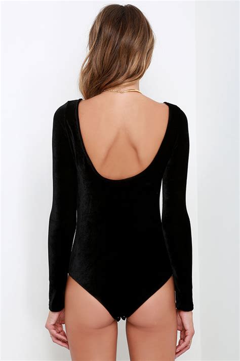 Sexy Black Velvet Bodysuit Long Sleeve Bodysuit Velvet One Piece 3300