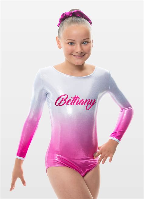 Personalised Long Sleeve Silver To Pink Ombre Mystique Shiny Foil Metallic Girls Gymnastics