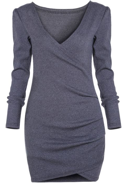 Grey Deep V Neck Long Sleeve Bodycon Dress Shein Sheinside