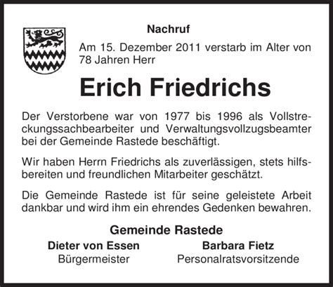 Traueranzeigen Von Erich Friedrichs Nordwest Trauer De