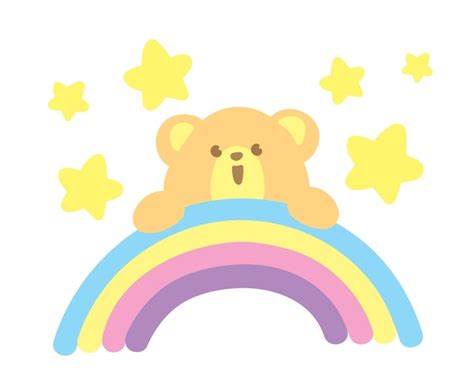 Premium Vector Cute Kawaii Happy Bear With Sweet Pastel Rainbow And