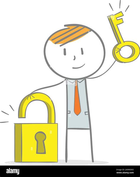 Doodle Stick Figurebusinessman Holding A Golden Key And Opened Padlock