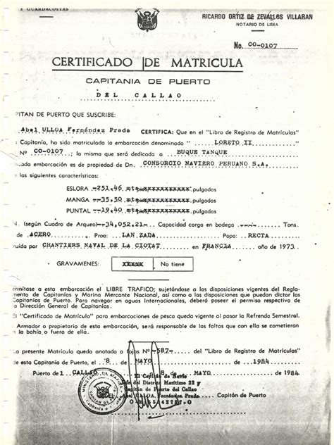 Certificado De Matrícula Capitania De Puerto Del Callao Pdf