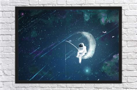 Quadro Astronauta Pescando Lua Quartos Salas Moldura G Elo