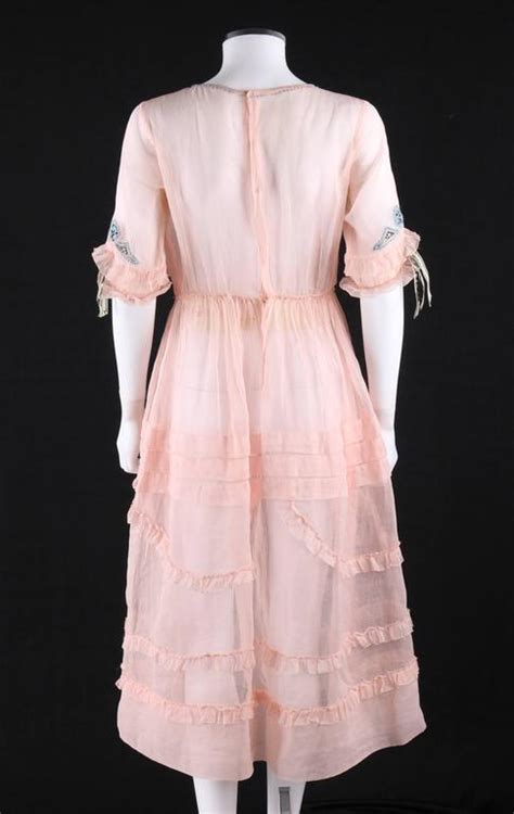 Couture Late 1910s Edwardian Pink Silk Organza Embroidered Sheer Day